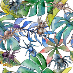 Exotic tarantula wild insect pattern in a watercolor style. Full name of the insect: tarantula, spider. Aquarelle wild insect for background, texture, wrapper pattern or tattoo.