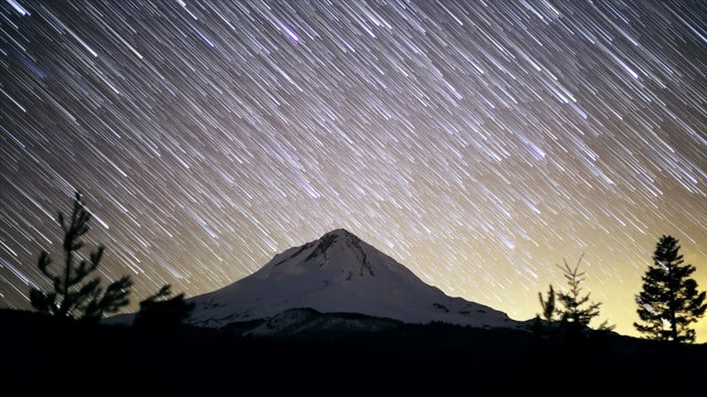 Mt. Hood and Glow of Portland Night Sky Star Trails Over Oregon