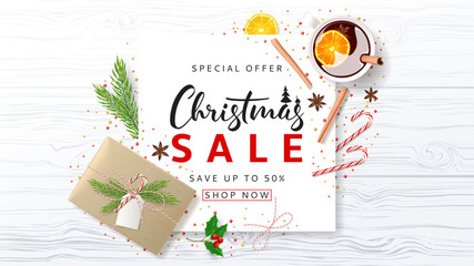 Beautiful banner for Christmas Sale. Festive Composition with Paper Gift Box and Xmas Symbols for Happy New Year on Wooden Texture. Vector Illustration with Promo Discount Offer. Greeting Card.