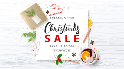 Promo Banner for Christmas Sale. Festive Composition with Paper Gift Box and Xmas Symbols for Happy New Year on Wooden Texture. Beautiful Greeting Card. Vector Illustration with Discount Offer.