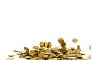 Falling gold coins money isolated on the white background, business concept.