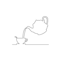 Pouring coffee from kettle to tea cup vector illustration black lines, isolated on white background