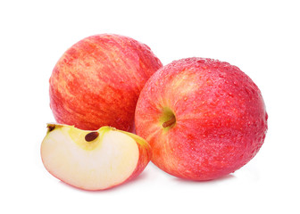 whole and slice of fresh gala red apple with drop of water  isloated on white background