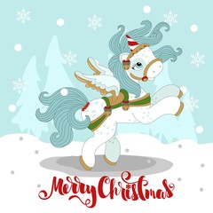 Christmas pony on a winter background, snowflakes. With an inscription. Vector illustration.