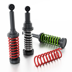 Spare car dampers and springs isolated on white background. 3D illustration - obrazy, fototapety, plakaty