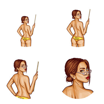 Set of vector pop art round avatar icons for users of social networking, blogs, profile icons. Young pin up sexy teacher girl with brown hair and a pointer in her hand turned her naked back
