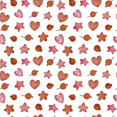 Watercolor winter seamless pattern. Pattern with winter berries, hearts, stars. Perfect for you postcard design,invitations,projects,wedding card,poster, packaging.