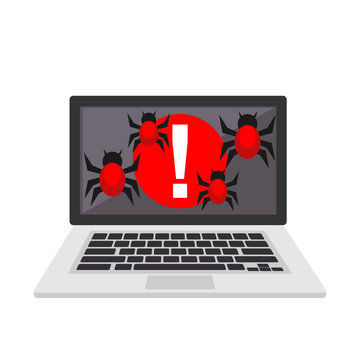 Harmful virus computer. System error caused by virus attack. Cyber attack concept. Red bug crawling on laptop screen.