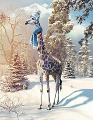 Crédence de cuisine en verre imprimé Girafe girafe dans la forêt d& 39 hiver