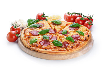 Pepperoni pizza with salami and basil isolated on white background.