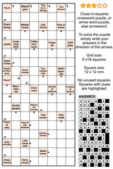 Clues-in-squares crossword puzzle, or arrow word puzzle, else arrowword, or scanword. Real size, answer included.
