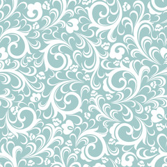 Fototapeta na wymiar Seamless turquoise background with white pattern in baroque style. Vector retro illustration. Ideal for printing on fabric or paper.
