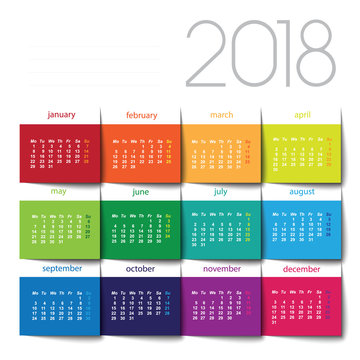 2018 calendar. Color post it