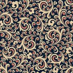 Seamless black background with terracotta and beige pattern in baroque style. Vector retro illustration. Ideal for printing on fabric or paper.
