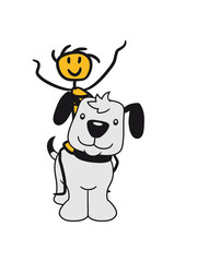 reiten sitzen junge spaß rodeo schwanz wedeln hund welpe süß niedlich halsband knochen haustier comic cartoon