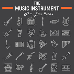 Music instruments line icon set, audio symbols collection, musical tools vector sketches, logo illustrations, signs linear pictograms package isolated on black background, eps 10.