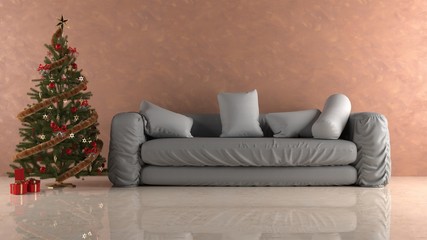 Divano con albero di natale e intonaco rosa di sfondo