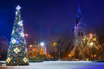 Christmas tree in Elk City Center. Masuria, Poland.