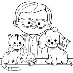 Veterinarian and pets. Vector black and white coloring page.