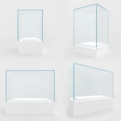 Set empty glass showcase in cube form for presentation on white background. 3d rendering.