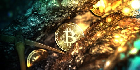 Golden bitcoin mining in deep golden cave with Pickaxe and some coin. - 3d illustration.