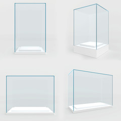 Set empty glass showcase in cube form for presentation on white background. 3d rendering.