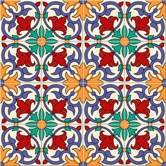 Gorgeous seamless pattern white colorful Moroccan, Portuguese tiles, Azulejo, ornaments. Can be used for wallpaper, pattern fills, web page background,surface textures.