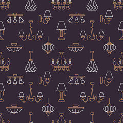 Light fixture, lamps seamless pattern, line illustration. Vector icons of home lighting equipment - chandelier, table lamp, power socket. Dark repeated background for interior store.