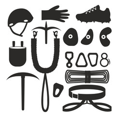 Flat black and white silhouette design elements of rock climber. Set with accessories and equipment. Hiker Instrument isolated. devices. Cloths, protection, ropes and carabiner.