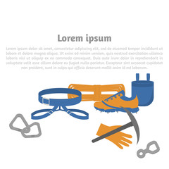 Flat design elements of rock climber. Set with accessories and equipment. Hiker Instrument isolated. devices. Cloths, protection, ropes and carabiner.