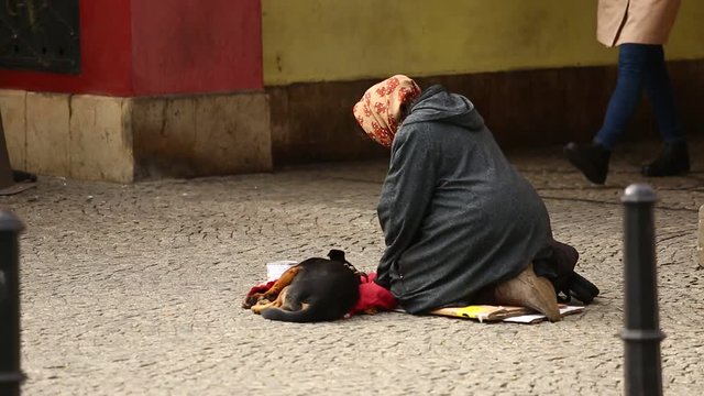 A beggar with a dog on the street of a European city