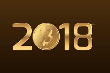 Bitcoin BTC sign symbol integrated into 2018 number. Future of blockchain decentralized digital crypto currency. What happens to Bitcoin in 2018. Golden on brown background. Vector design illustration