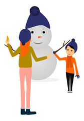 Mom and child are building a snowman for a happy new year and merry Christmas. Vector.