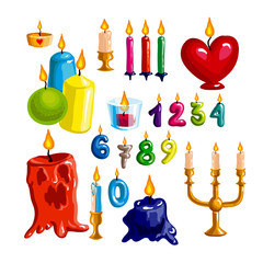 Colorful candle set. Vector candle flame and wax - collection for birthday party and holiday.