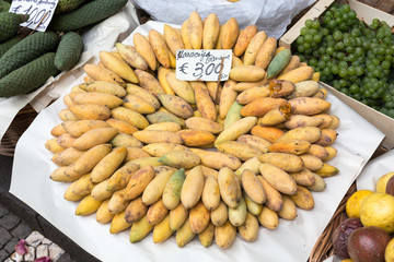 Fresh maracuya banana in Mercado Dos Lavradores. Funchal, Madeira, Portugal