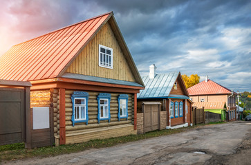 Naklejka premium Дача с синими резными окнами house with blue carved windows