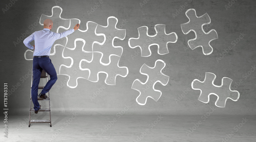 Poster Businessman searching puzzle solution on a wall 3D rendering