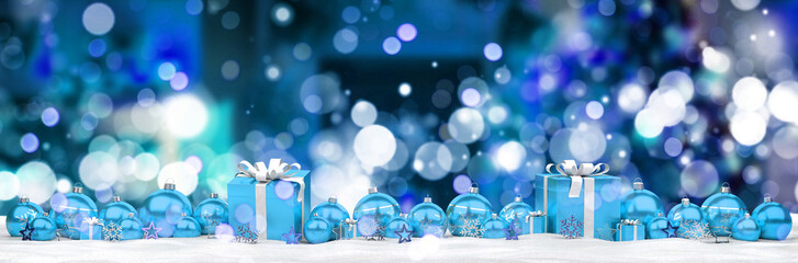 Blue and white christmas gifts and baubles 3D rendering