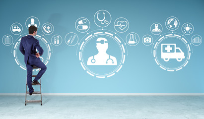Businessman watching medical interface on a wall 3D rendering