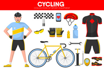 Cycling races sport equipment cycler garment uniform bicycle accessory vector icons set