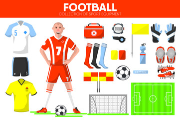 Football sport equipment soccer game player garment accessory vector icons set