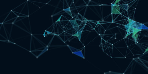 Obraz premium Abstract technology futuristic geometrical and science color neon background with space for copy. Plexus digital wallpaper. Business presentation concept. Medical structure and artificial intelligence