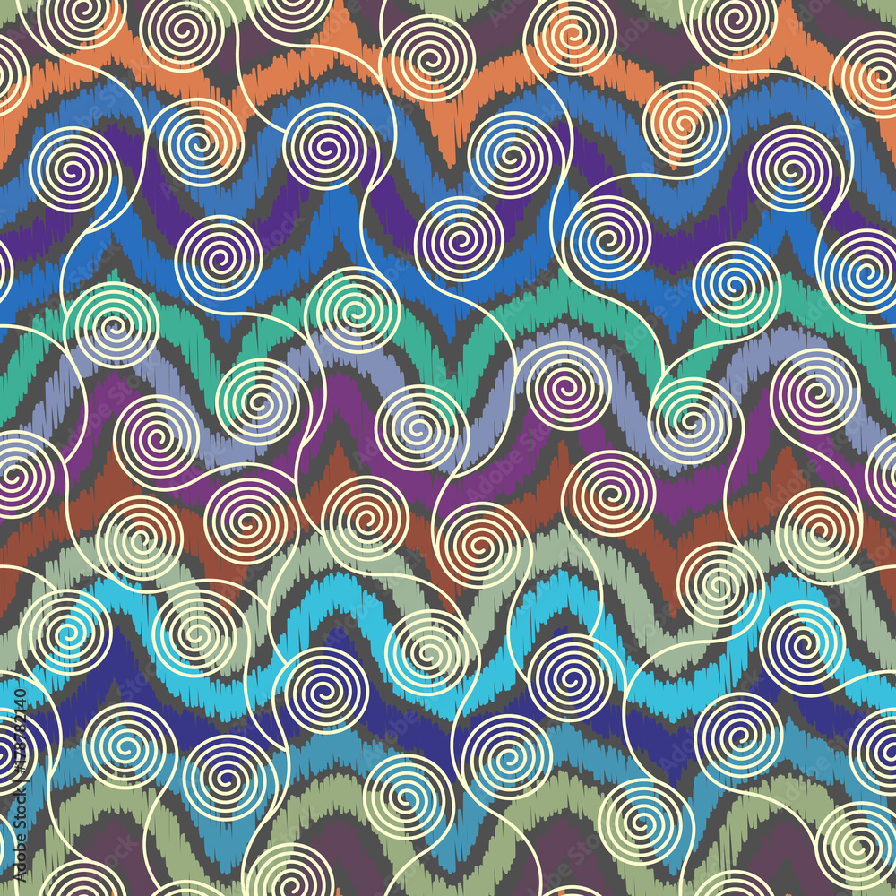 Poster Ethnic boho seamless pattern in african style on chevron background. Tribal art print. Curly patterns.
