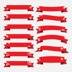 Red Christmas ribbon banners with snowflakes set