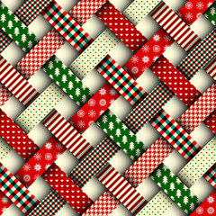 Obraz premium Seamless Christmas background in patchwork style. Interweaving ribbons with Christmas patterns on red background.