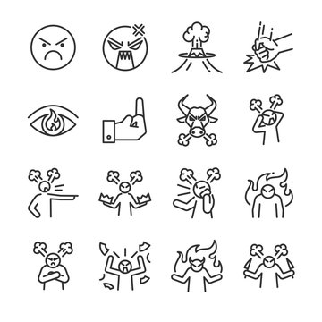 Angry line icon set. Included the icons as mad, moody, crazy, devil, blame, upset and more.
