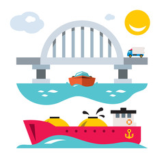 Vector Sea bridge and shipping. Flat style colorful Cartoon illustration.