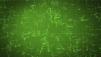 Emerging connections, conductors and neural signals over green background. Digital connectivity, artificial intelligence and data storage concept