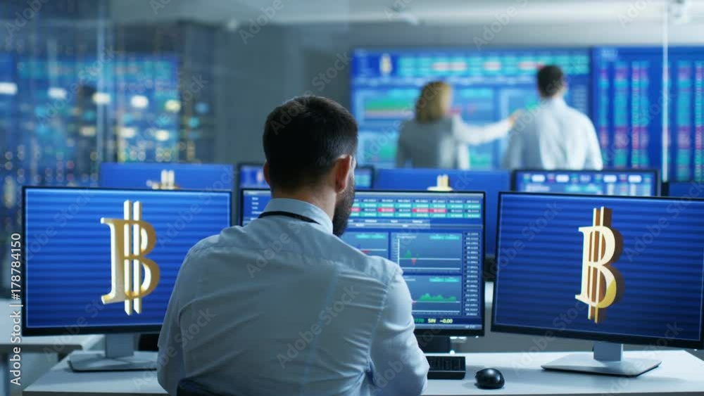 Poster back view of the stock trader working in cryptocurrency exchange department. screens show relevend d