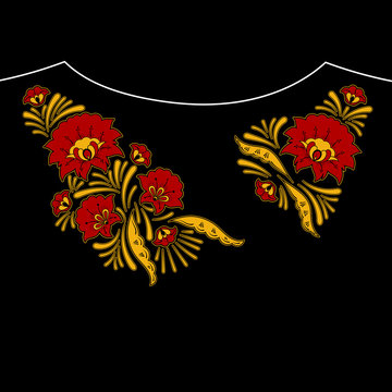 Neck flower embroidery pattern vector. Khokhloma folk craft floral ornament print isolated. Ethnic patch design for ornate top blouse collar, fashion textile necklace, woman dress fabric.